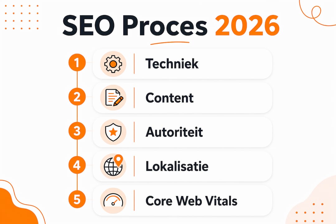 Overzichtelijke infographic met de stappen van een SEO-traject in 2026