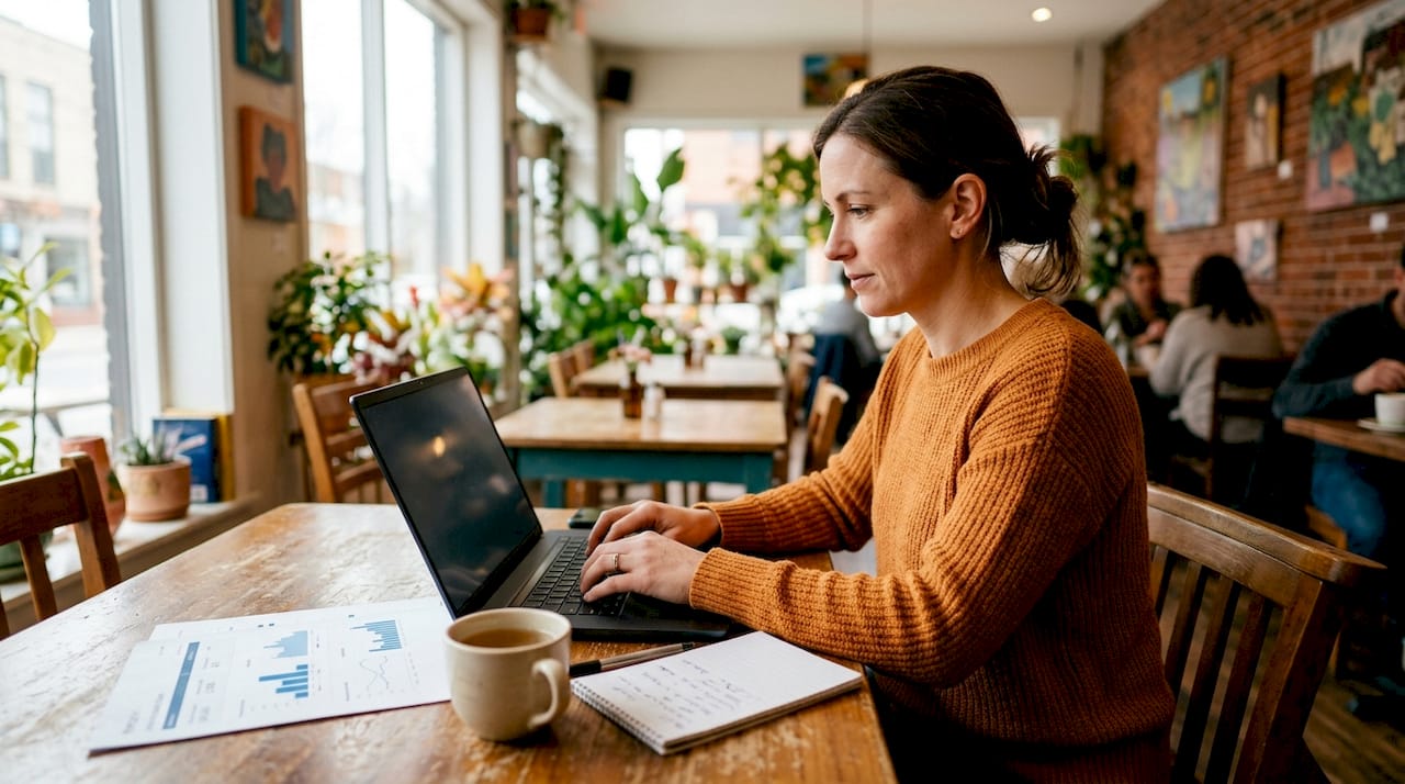 Detailopname van handen die typen, met een websiteanalyse naast het toetsenbord.