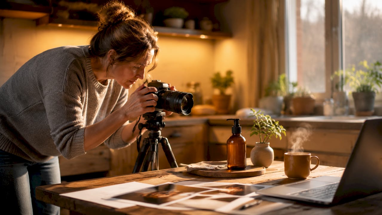 In de studio legt de fotograaf producten professioneel vast.