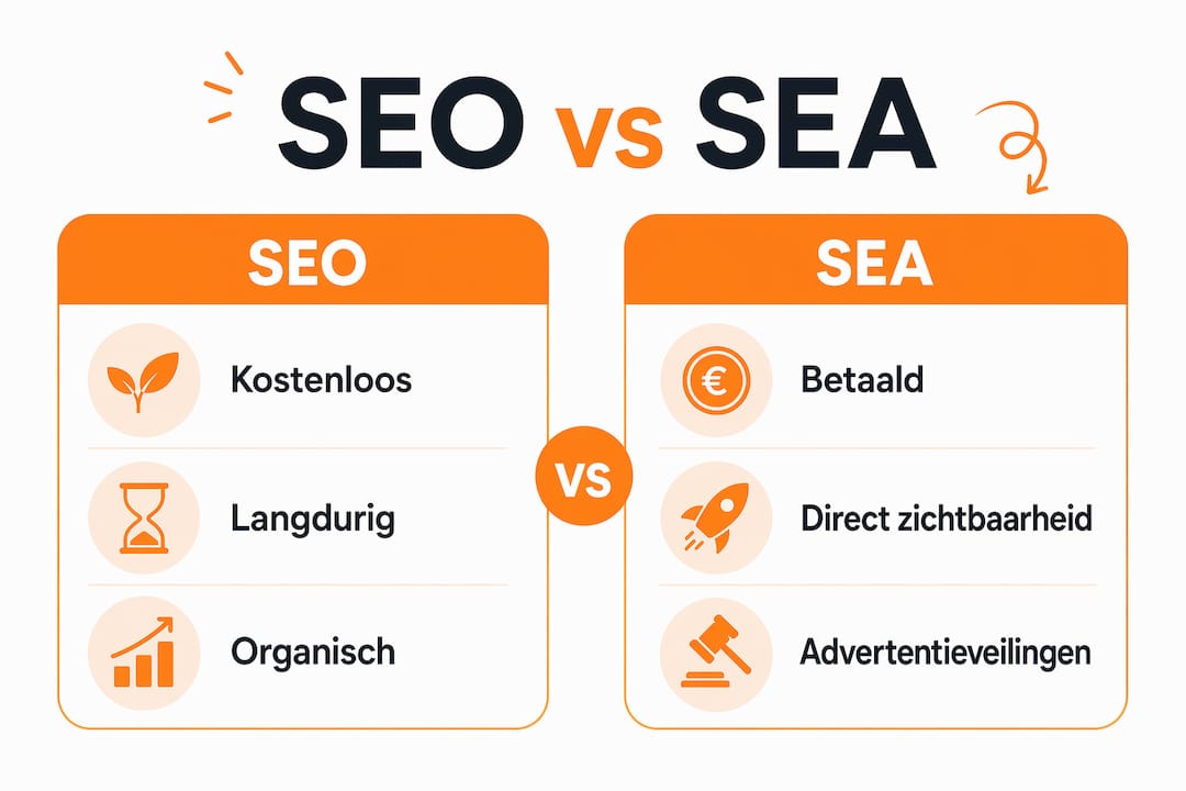 Infographic met een overzicht van de belangrijkste kenmerken van SEO en SEA