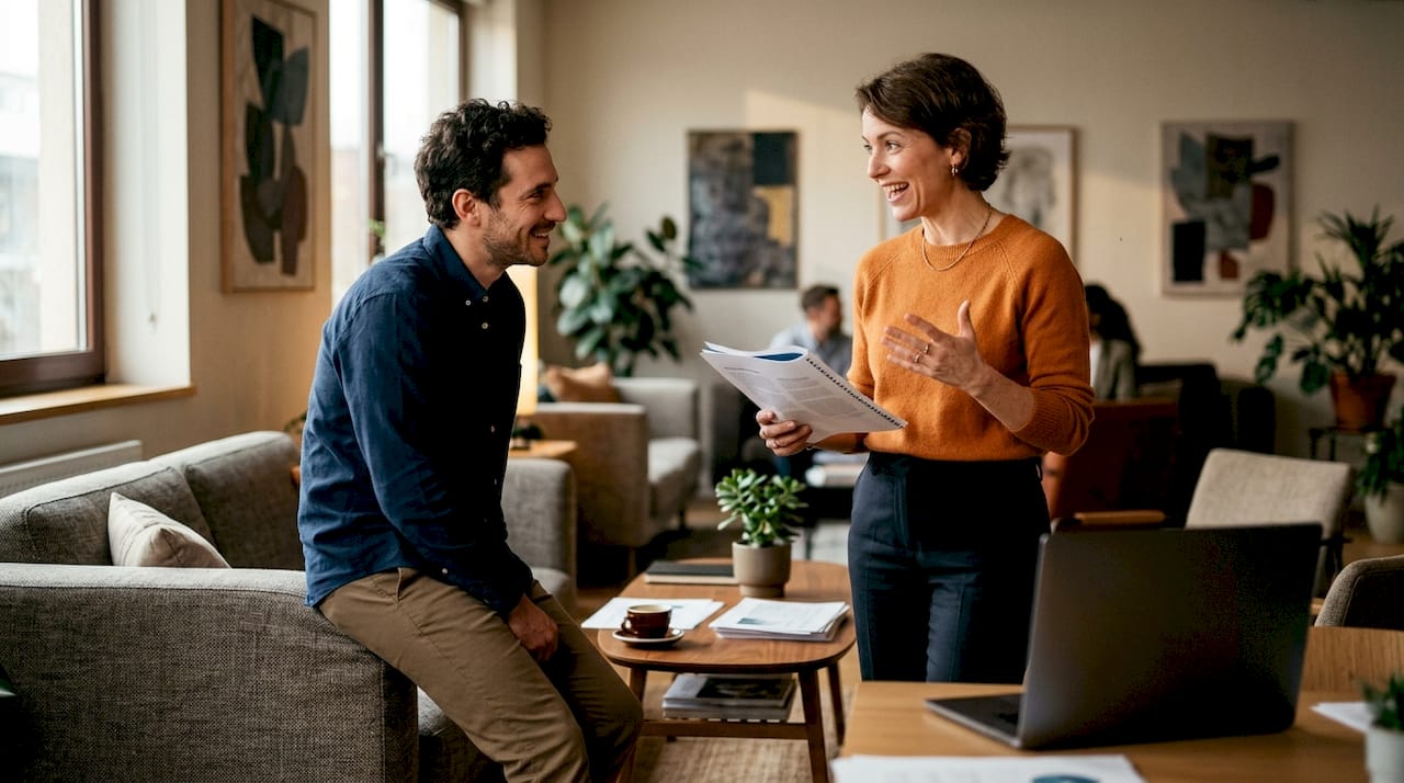 Een vrouw overlegt samen met haar collega over de Duitse marketingcampagne.