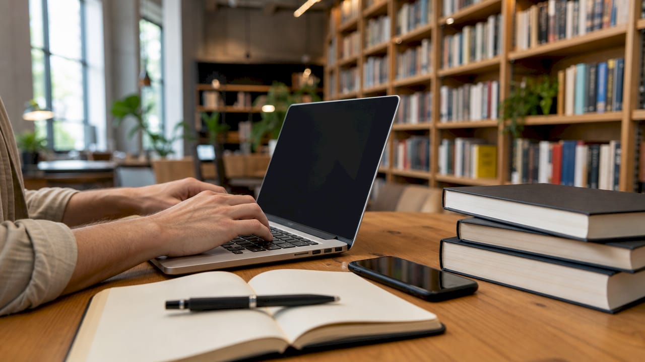 Iemand typt op een laptop in een gezamenlijke werkruimte.