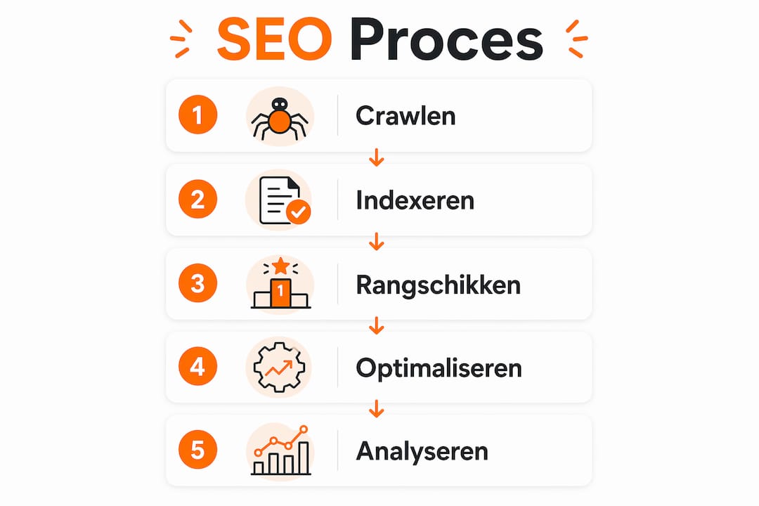 Overzichtelijke infographic met de belangrijkste stappen van een succesvol SEO-traject