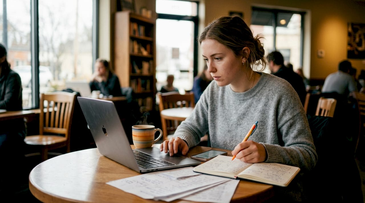 Een vrouw zit aan tafel en doet onderzoek naar Duitse SEO-zoekwoorden.