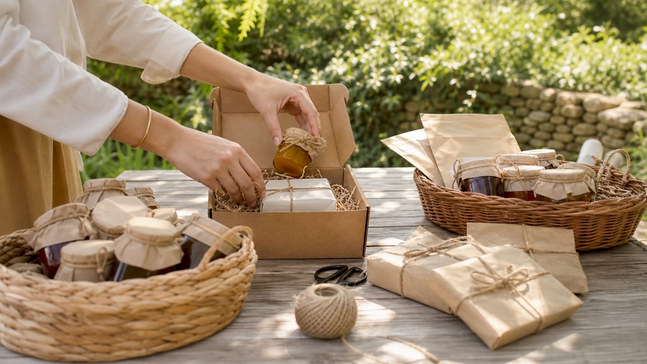 Le mani confezionano una scatola regalo di Natale ecologica, curata nei dettagli e rispettosa dell’ambiente.