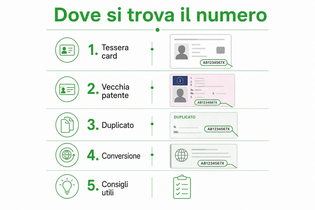 Guida visiva su dove trovare il numero della patente nei vari formati disponibili