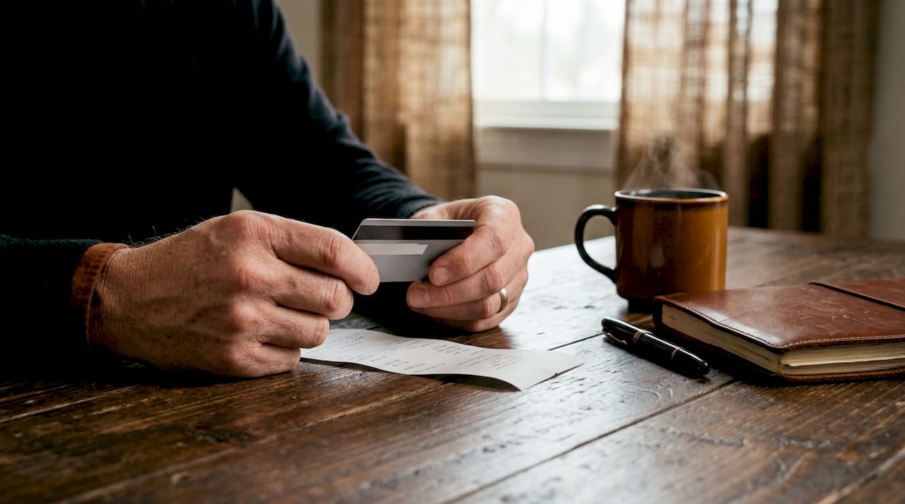 Una persona tiene in mano una carta di credito e uno scontrino, mostrando il pagamento appena effettuato.
