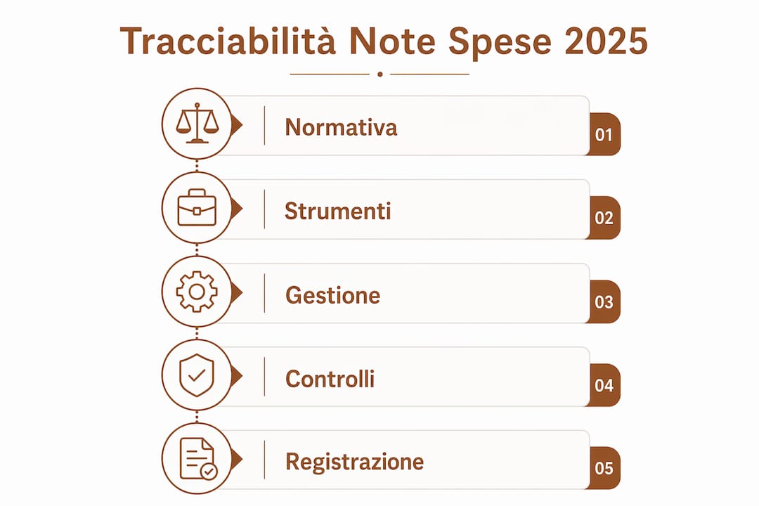 Infografica con schema verticale che illustra il percorso di tracciabilità delle note spese
