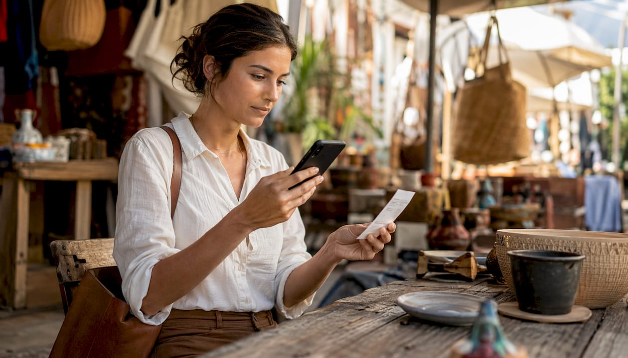 Una donna d'affari invia la foto dello scontrino direttamente tramite l'app per la gestione delle spese.