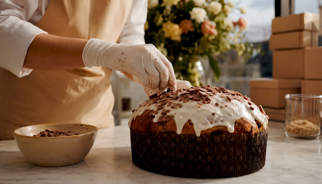 Mani che avvolgono con cura un panettone artigianale