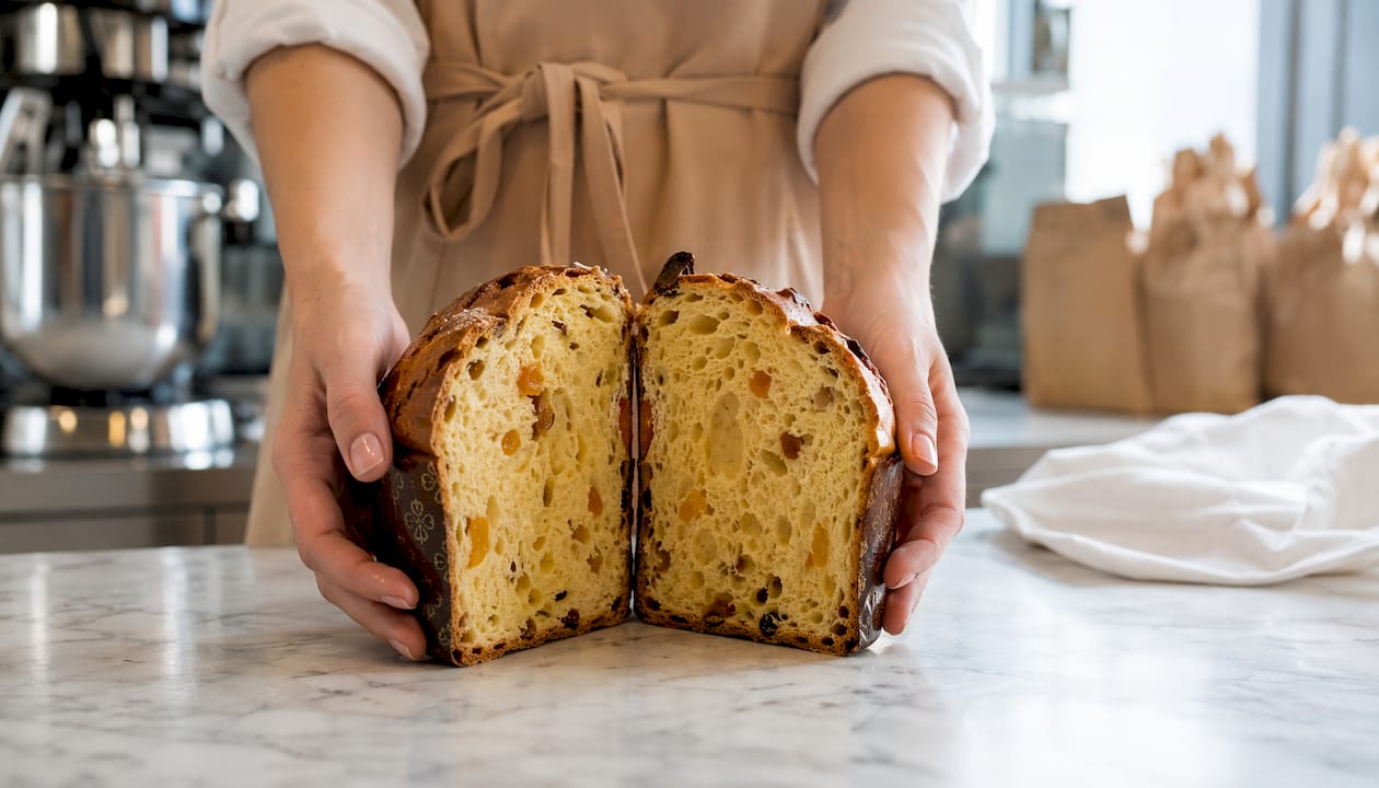 Due mani sorreggono un panettone artigianale appena affettato nel laboratorio.