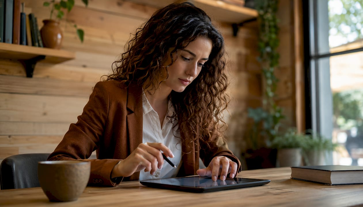Donna al lavoro che gestisce le spese aziendali digitalmente tramite tablet