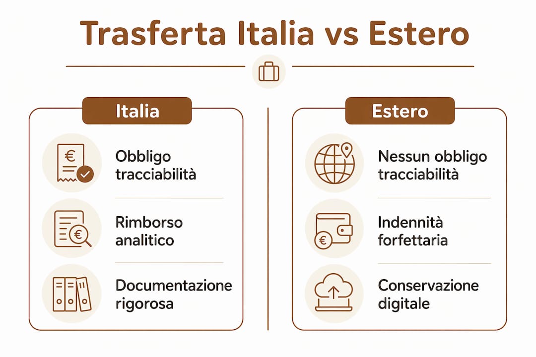 Infografica: confronto tra trasferte in Italia e all’estero, con i principali aspetti da tenere in considerazione
