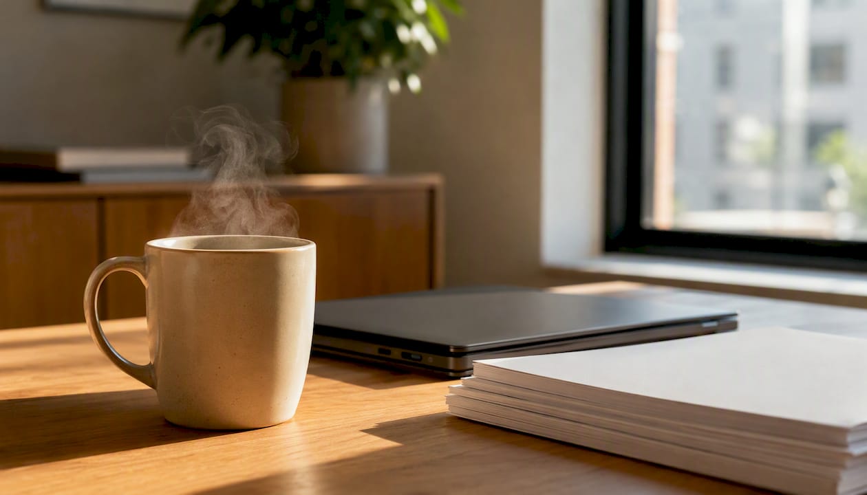 Un angolo ufficio accogliente, con una tazza di caffè fumante e il portatile sempre pronto all’uso.