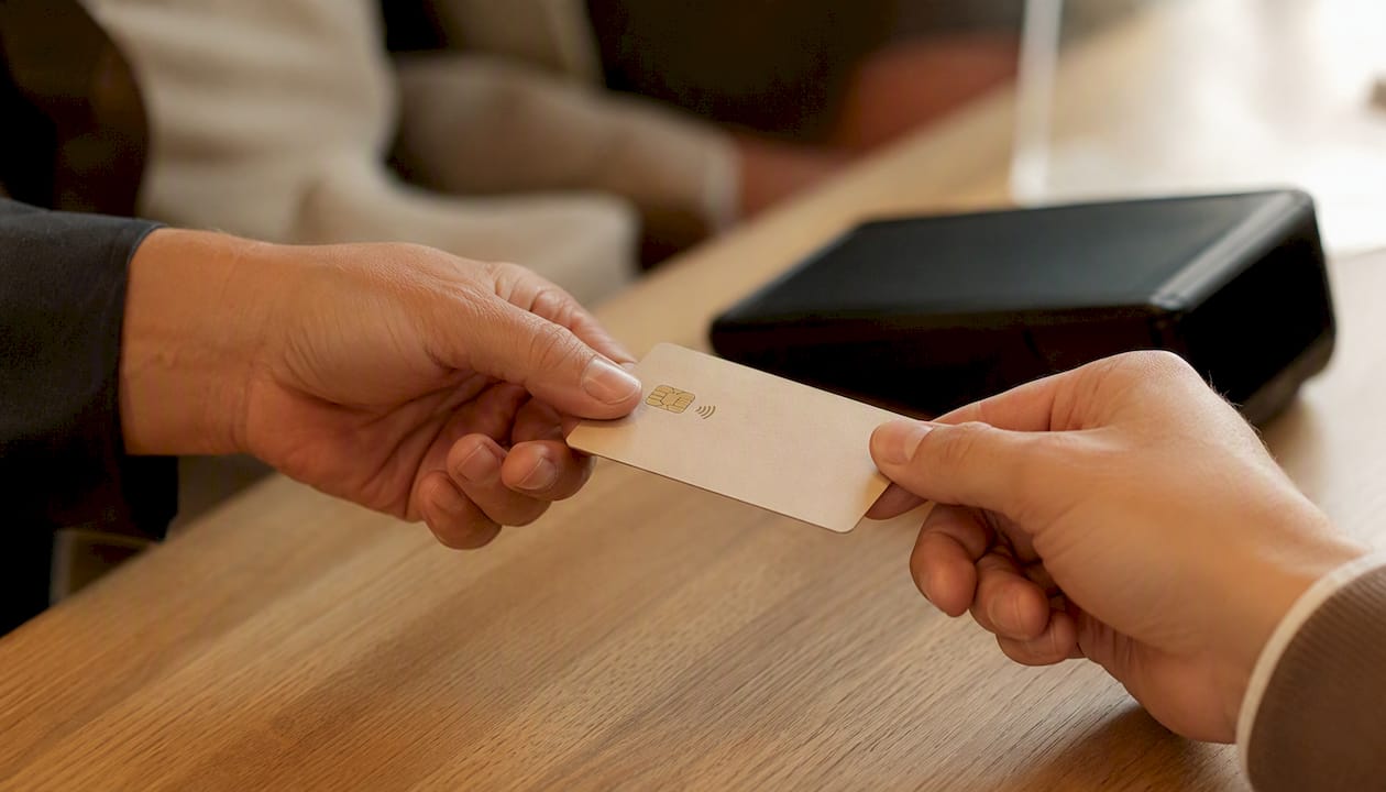 Due persone si scambiano una carta di pagamento vicino al POS