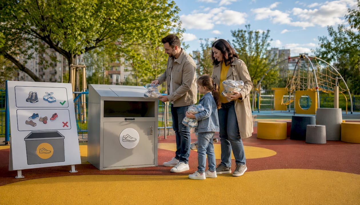 Mama in sin prineseta otroške čevlje v zbirni center, da jih oddata za ponovno uporabo.