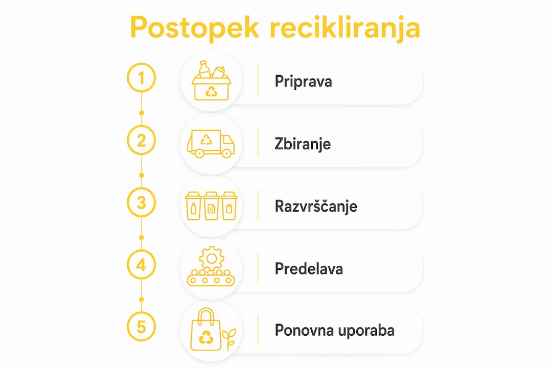 Na infografiki so nazorno prikazani posamezni koraki, kako poteka recikliranje otroških čevljev.
