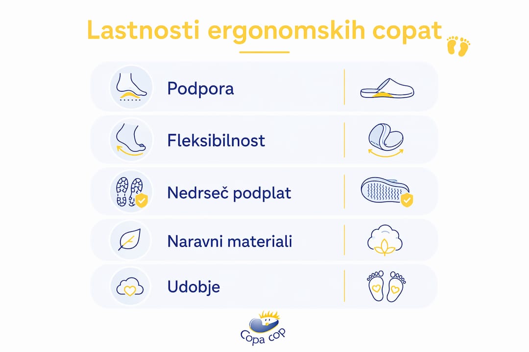 Infografika, ki prikazuje najpomembnejše značilnosti udobnih in ergonomskih copat