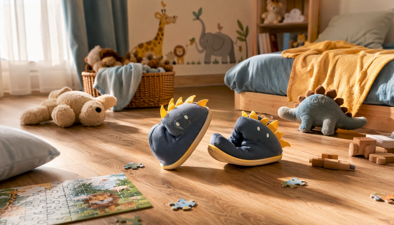 Otroški copatki z zabavnim dinozavrom, ki se igra na mehki preprogi