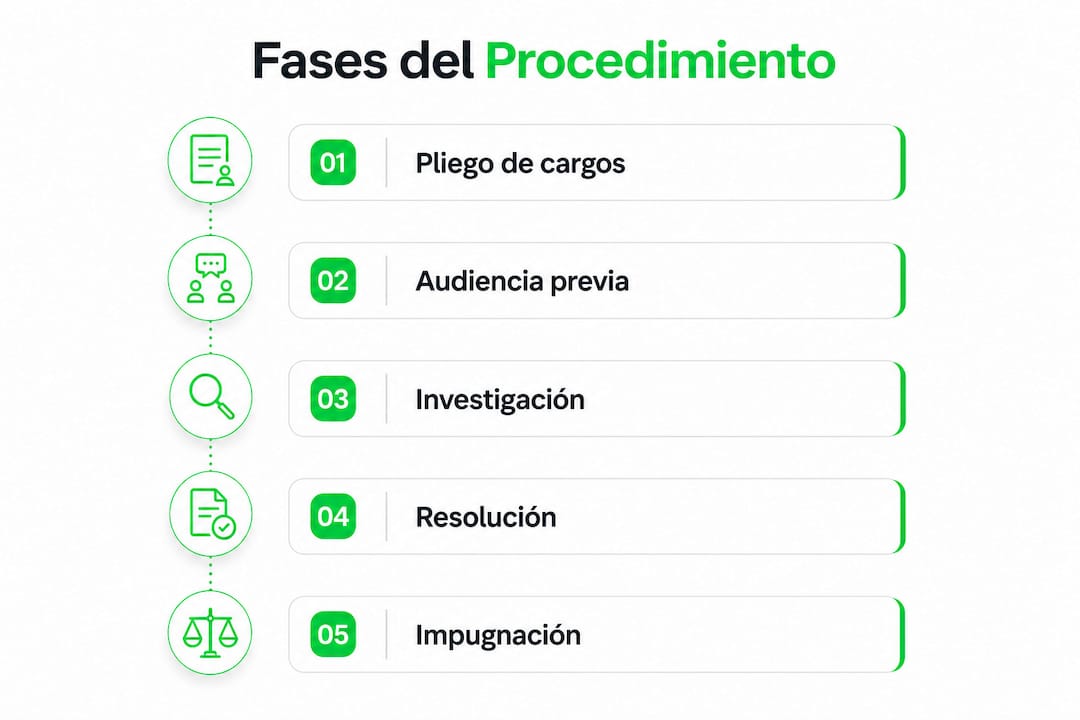 Infografía que muestra, de manera visual y ordenada, las etapas del proceso disciplinario laboral en un esquema vertical.