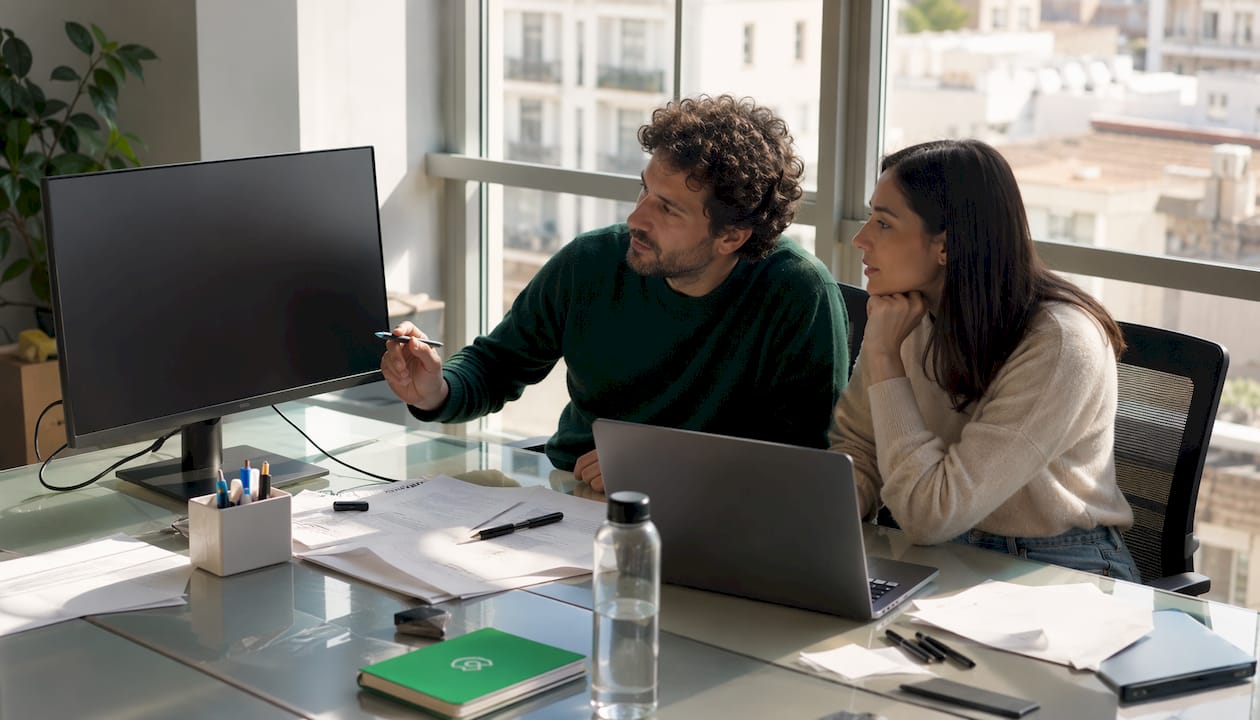 Dos profesionales trabajan juntos en un espacio de coworking, compartiendo ideas y colaborando en sus proyectos.