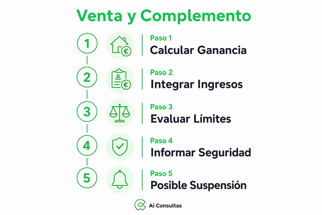 Infografía con los pasos clave para vender tu vivienda y cómo influye en el cálculo de mínimos y complementos.