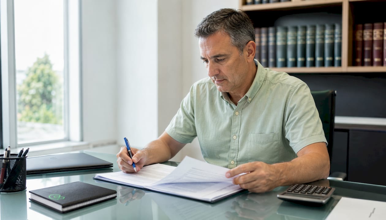 Revisando papeles legales con la calculadora en mano