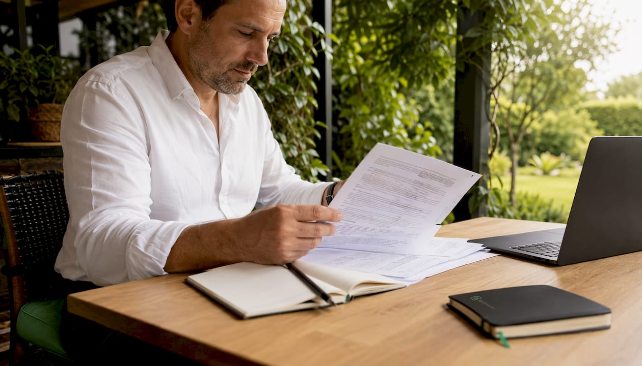 Un hombre revisa resoluciones laborales sentado en una mesa de oficina.