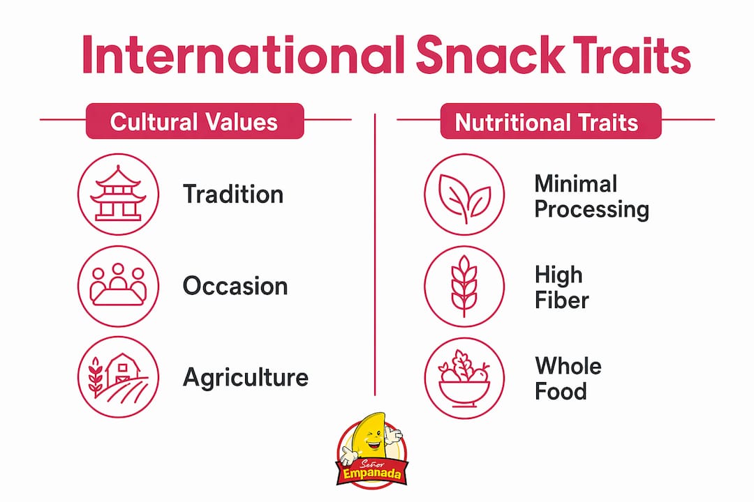 Infographic comparing cultural and nutritional traits of international snacks