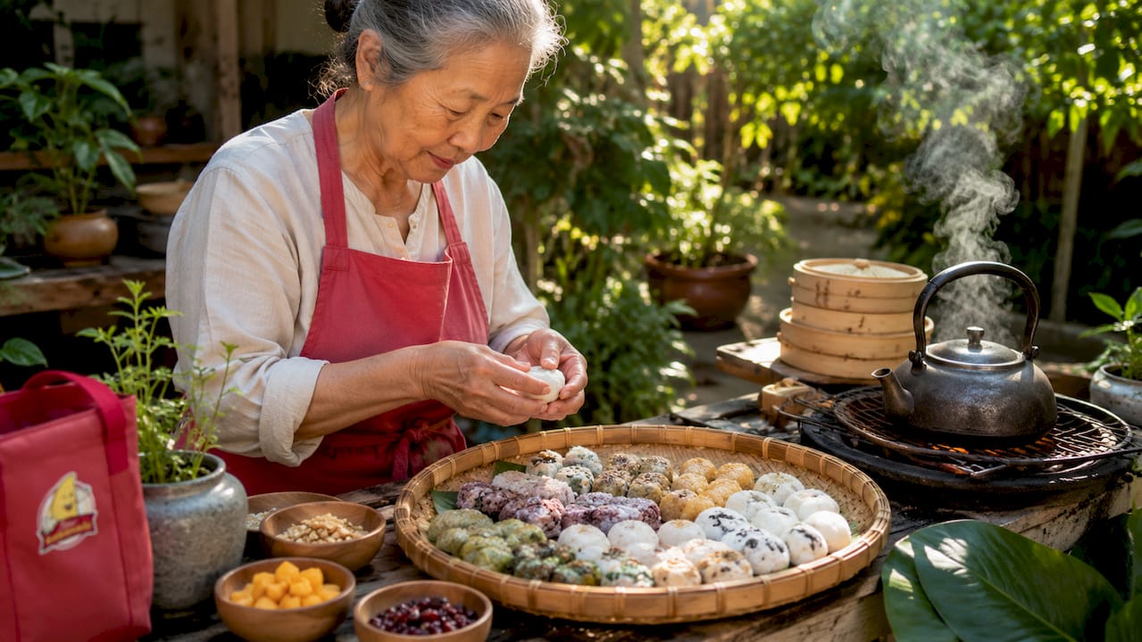 Hands preparing traditional Asian snacks in kitchen
