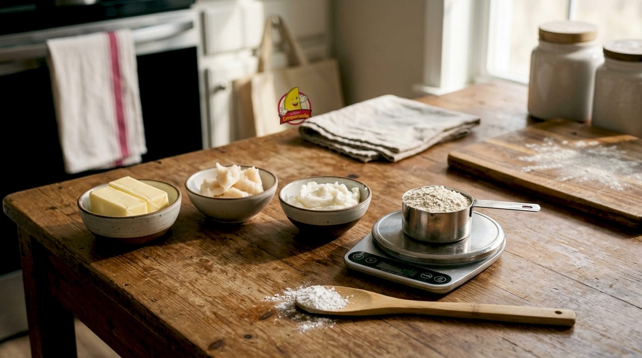 Bowl of butter, lard, and shortening on marble counter