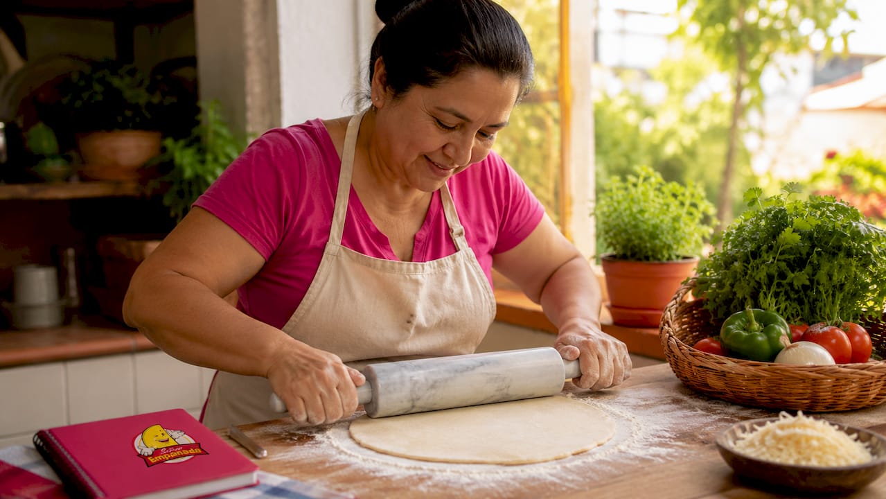 Hands rolling wheat flour empanada dough on countertop
