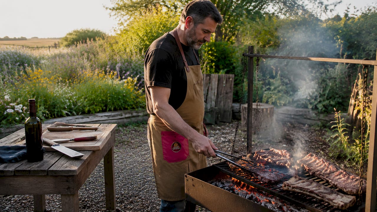 Man grilling traditional Argentine asado outdoors