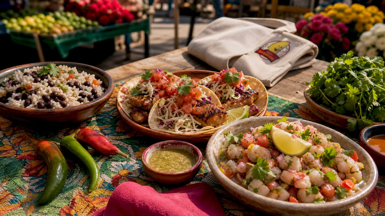 Overhead view of authentic Latin healthy dishes plated