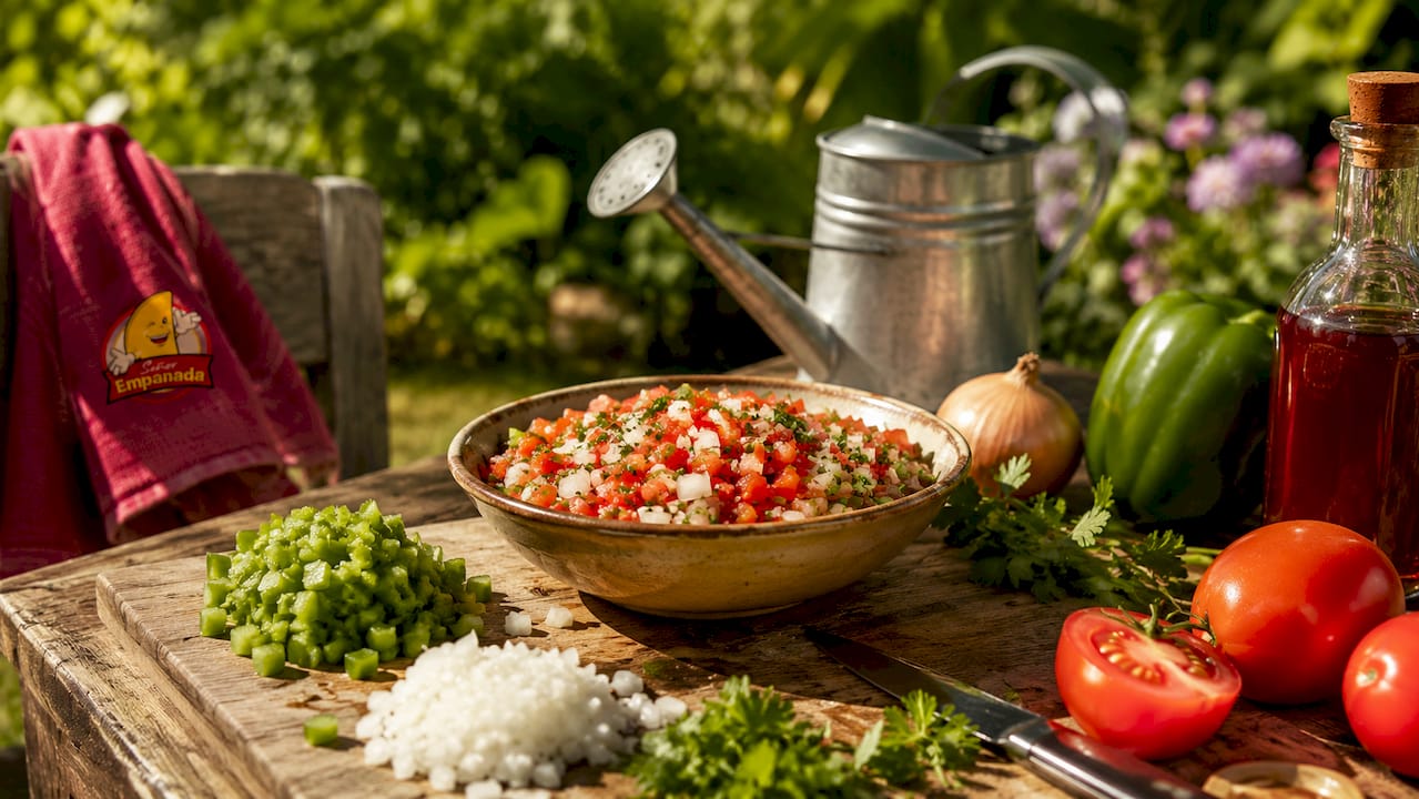 Bowl of Argentine criolla sauce with fresh ingredients overhead view