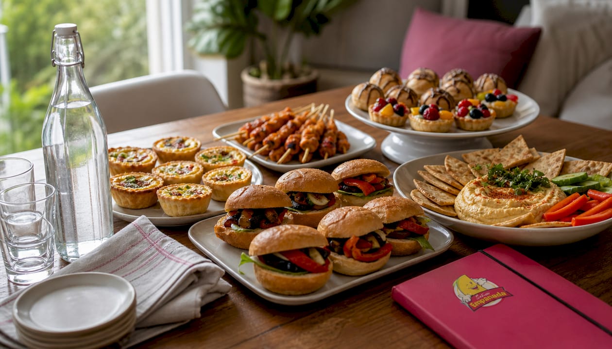 Overhead shot of diverse finger food party platters