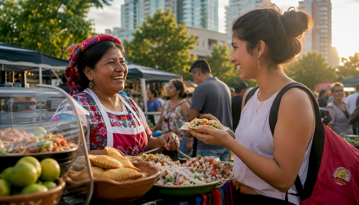 Andean market scene with local produce and vendor