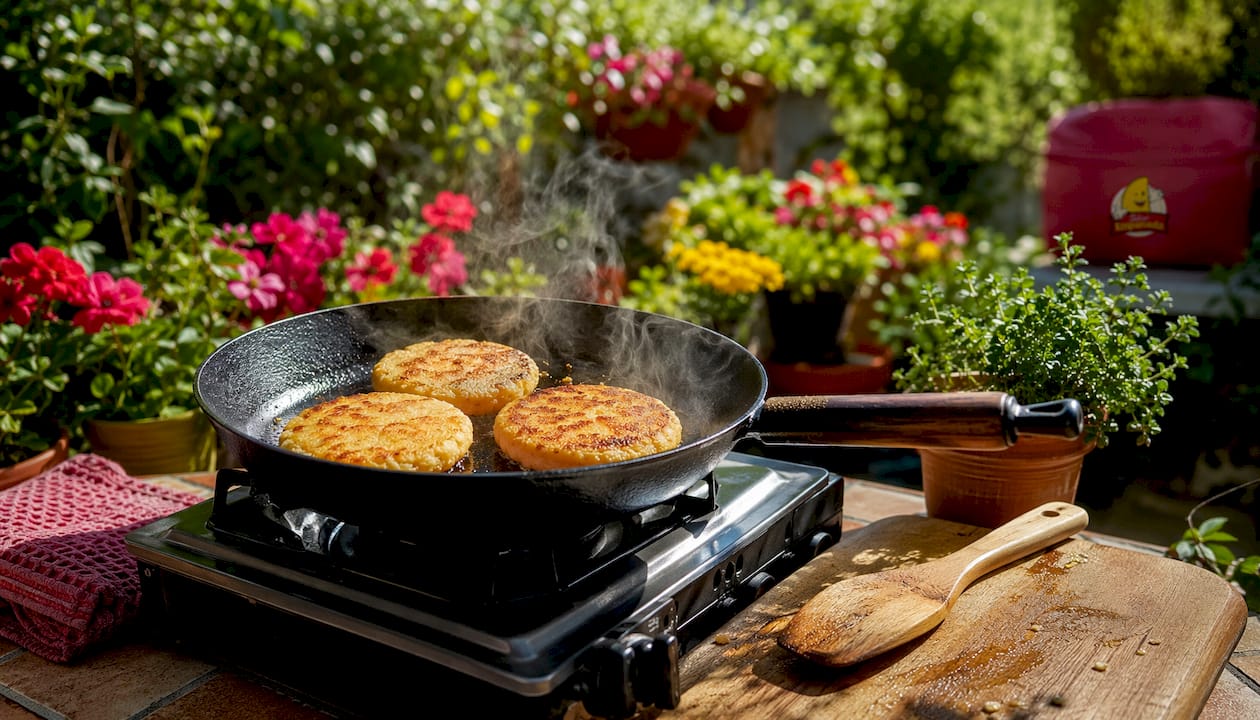 Arepas frying in skillet at home kitchen