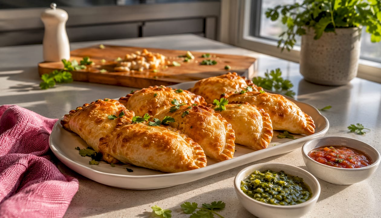Platter of golden baked chicken empanadas with sauces on table