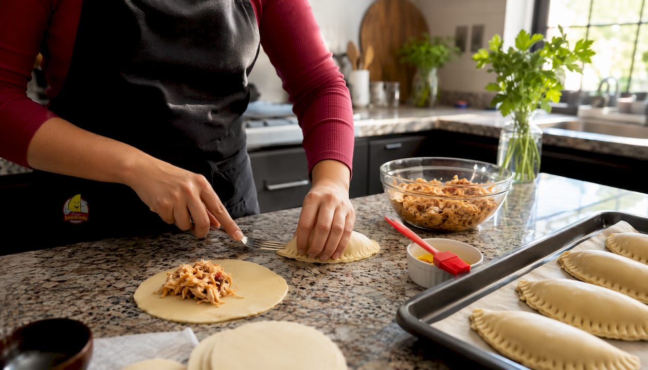 Hands folding and sealing chicken empanadas