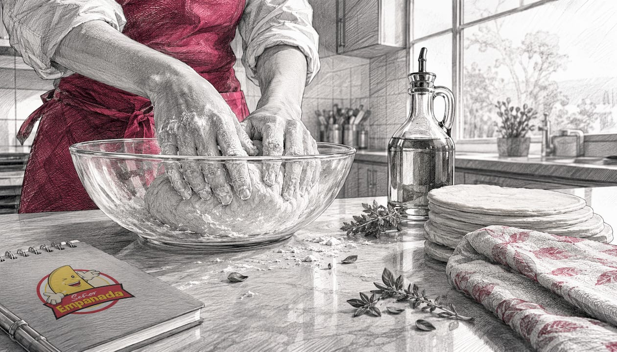 Hands preparing empanada dough in kitchen