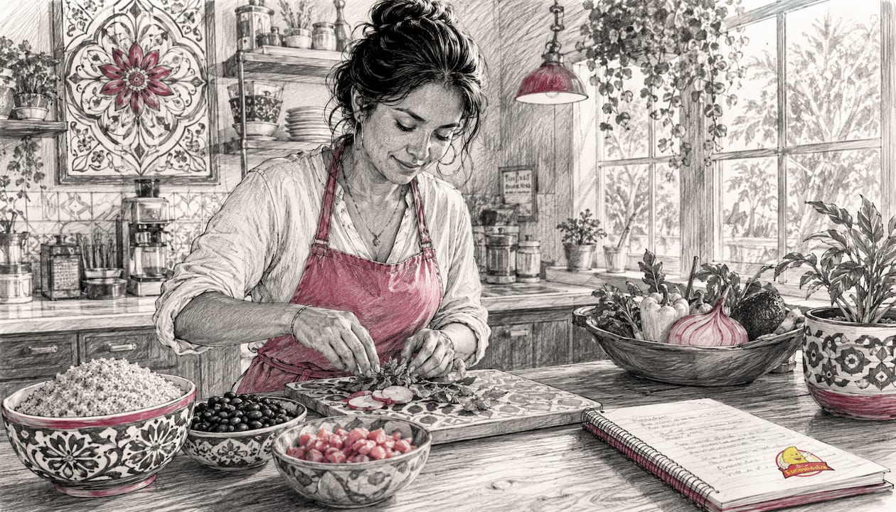 Woman preparing healthy Latin family meals
