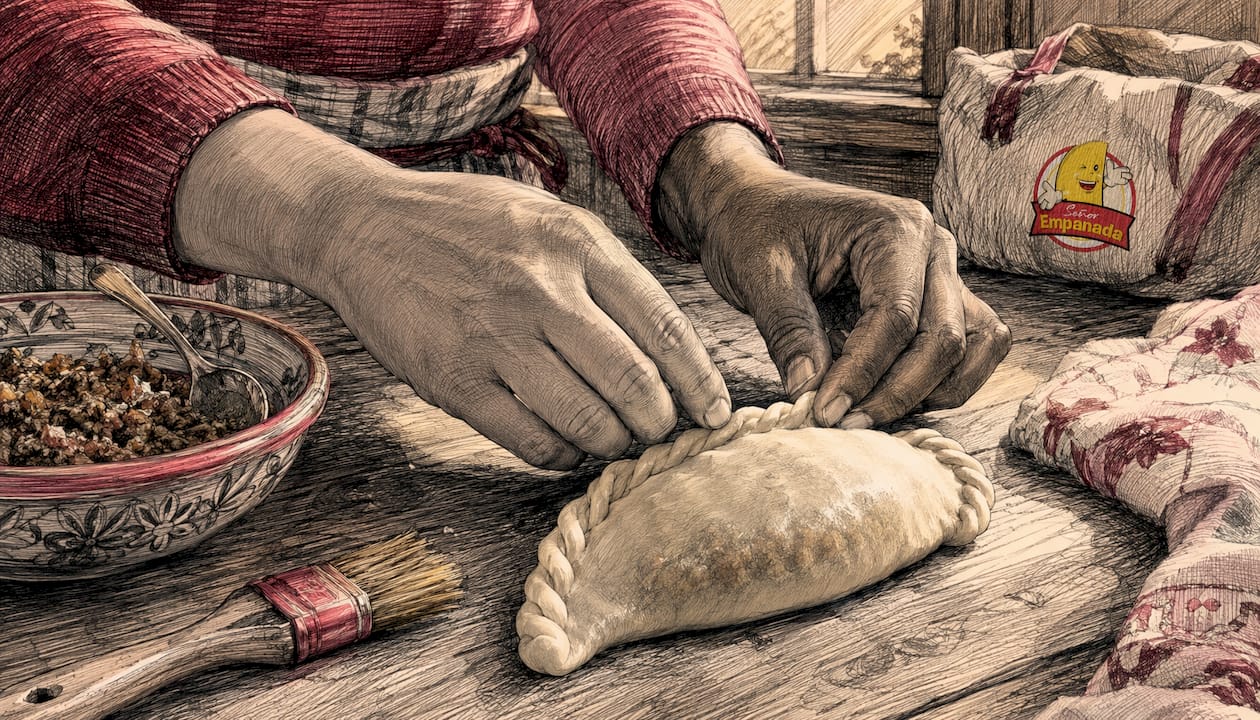 Hands folding and sealing empanada pastry