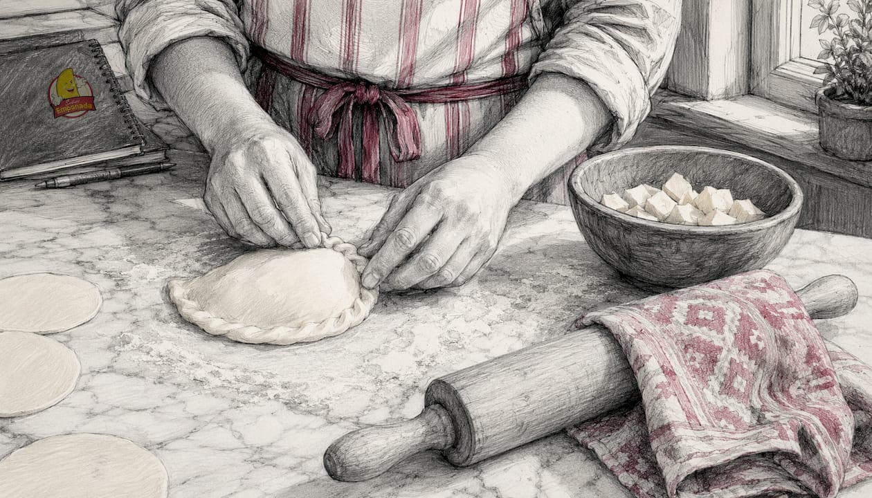 Hands preparing empanada dough on wooden board