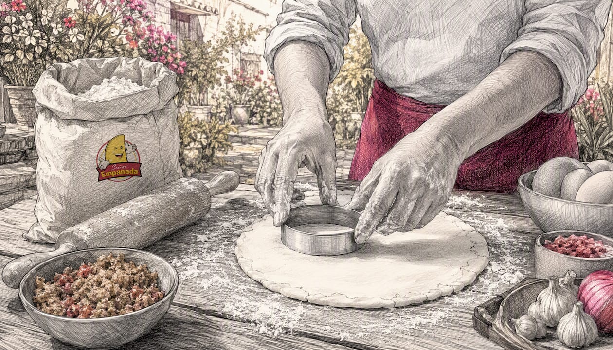 Hands rolling empanada dough on wooden counter