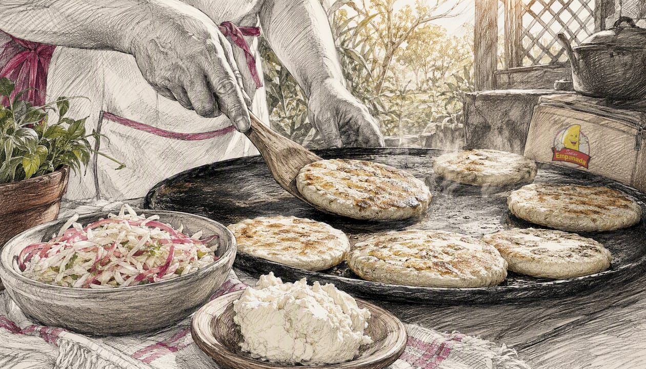 Cooking pupusas with curtido and cheese on table