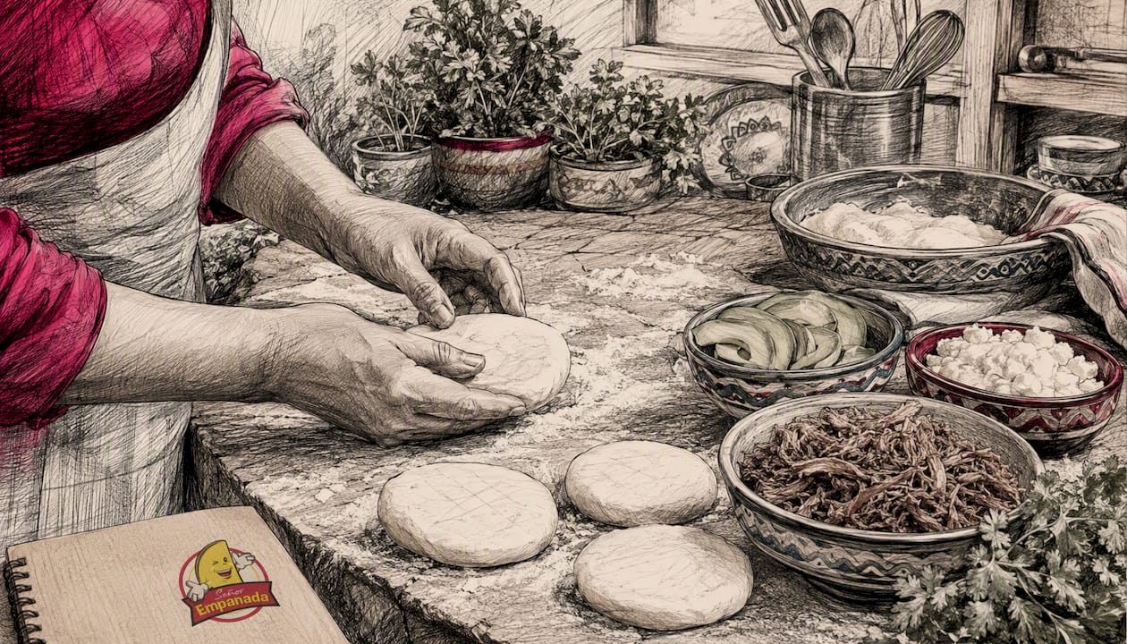 Hands shaping arepa dough on wooden counter