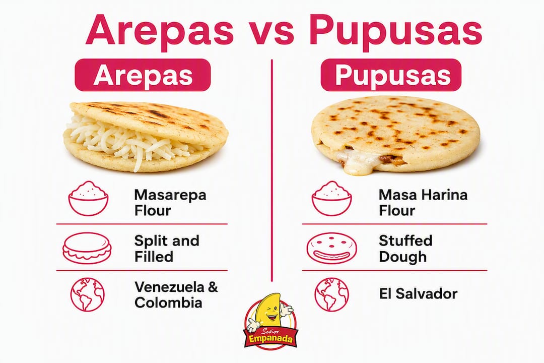 Infographic comparing arepas and pupusas with key differences