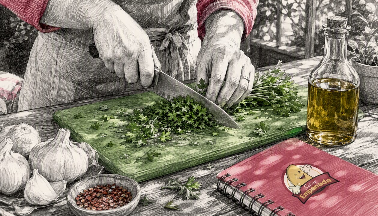 Hands chopping parsley on wooden board