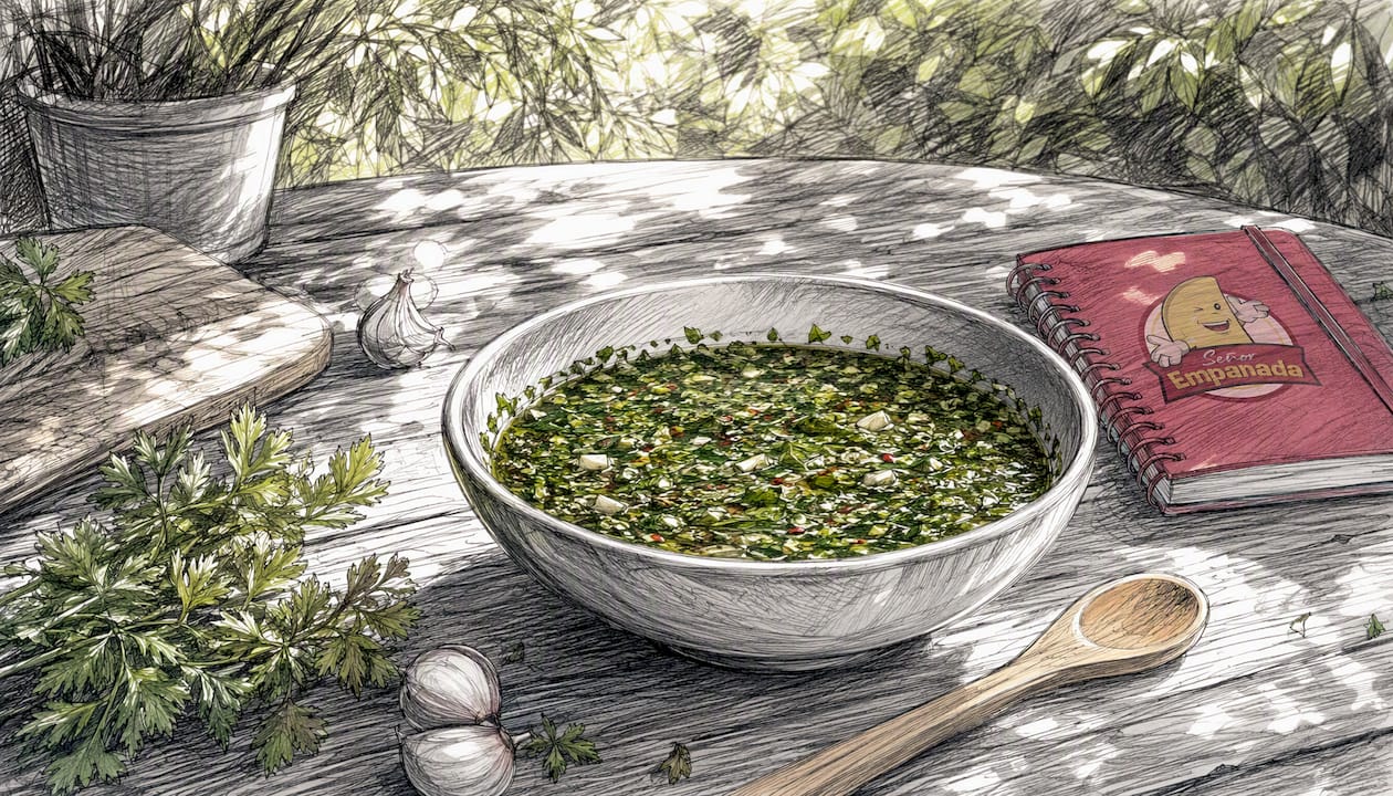 Overhead view of bowl with fresh chimichurri sauce